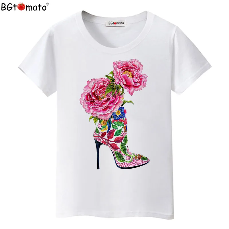 

BGtomato New Women Flowers High-heeled Shoes Printing T shirt Women Fashion Summer Camisetas Women T-Shirt Streetwear Tops Blusa