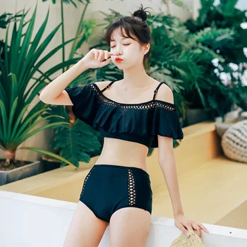 

Swimsuit Women 2019 Girls Bathing Suit Korean Swimwear Bikinis Women's Bather Sexy Swim White Lovely Leaf Edge High Waist Hollow