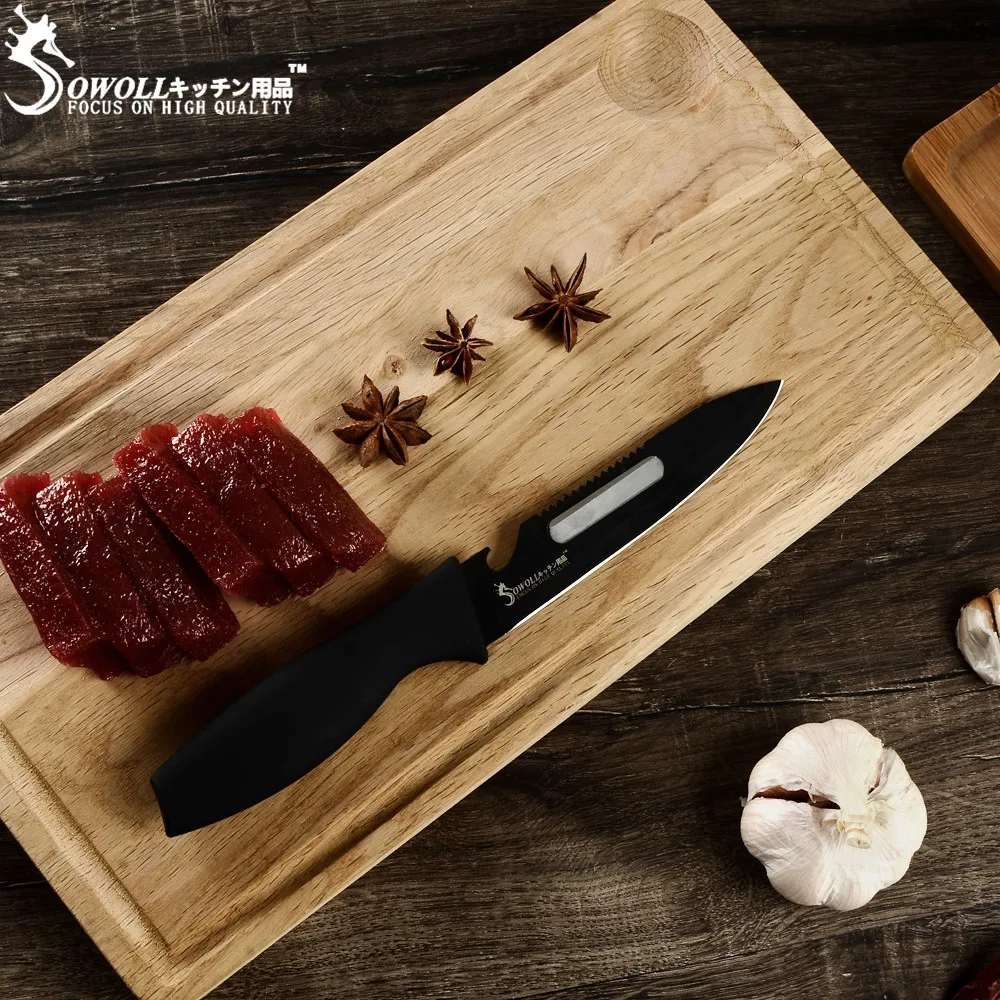 SOWOLL кухонный нож из нержавеющей стали 7 дюймов 7 дюймов 5 дюймов острый черный нож комплект из 3 предметов качественный разделочный нож Santoku