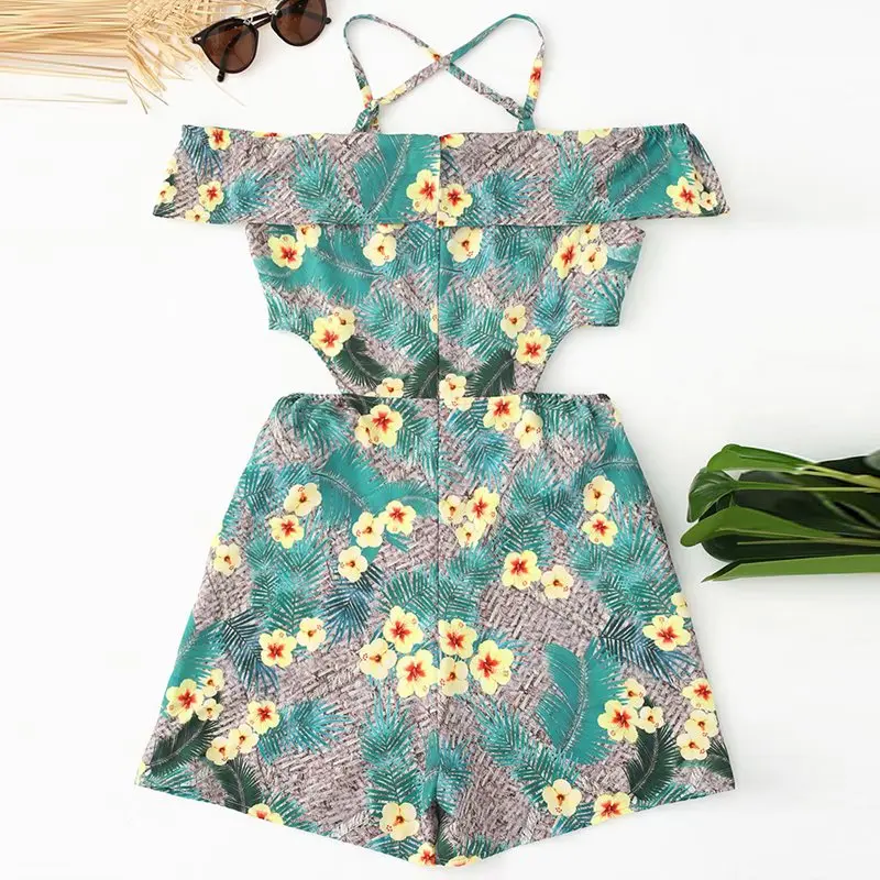 Boho открытая спина пляжный комбинезон с растительным узором женский летний сексуальный полый шикарный комбинезон с принтом короткие повседневные зеленые Стильные Комбинезоны женские