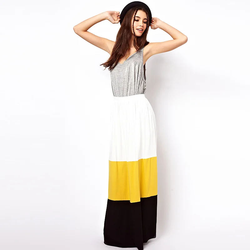 Wholesale Women Boho Long Skirts Contrast Color Patchwork Pleated Maxi