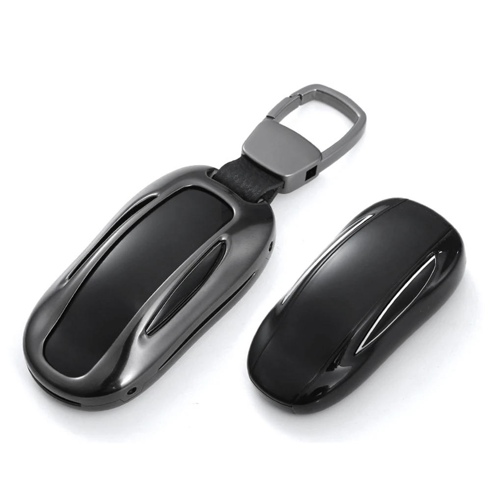 

For Tesla Model X Aluminum Alloy + Leather Key Ring Automobile Car Remote Key Case Cover Shell Protector Bag Car Accessories