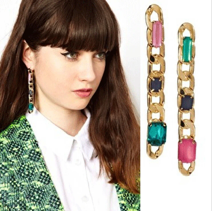 

Exaggerated Luxurious European Style Colorful Crystal Chain Connect Tassel Drop Earrings E92