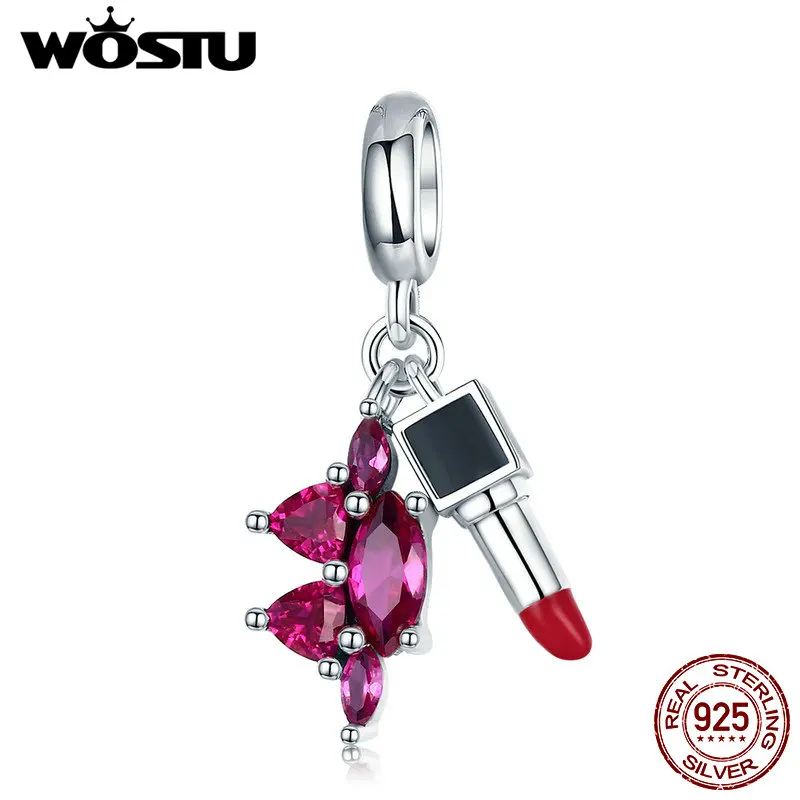 

WOSTU 100% Real 925 Sterling Silver Fashion Lipstick Crystal Stone Charms Bead Fit Original Bracelet Necklaces Jewelry FIC828