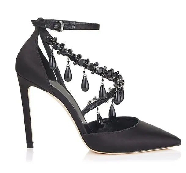 

2018 summer new woman black satin crystal high heel sandals High heels Ladies pointed toe multipurpose sandals Dress shoes