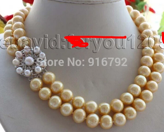 

Wholesale 17-18" Double Genuine Natural 10mm Golden Round Pearl necklace