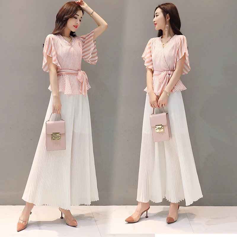 Striped Palazzo Pants ансамбль роковой Deux штук широкие брюки Conjunto Feminino створки бантом Pantalon Taille Haute Femme
