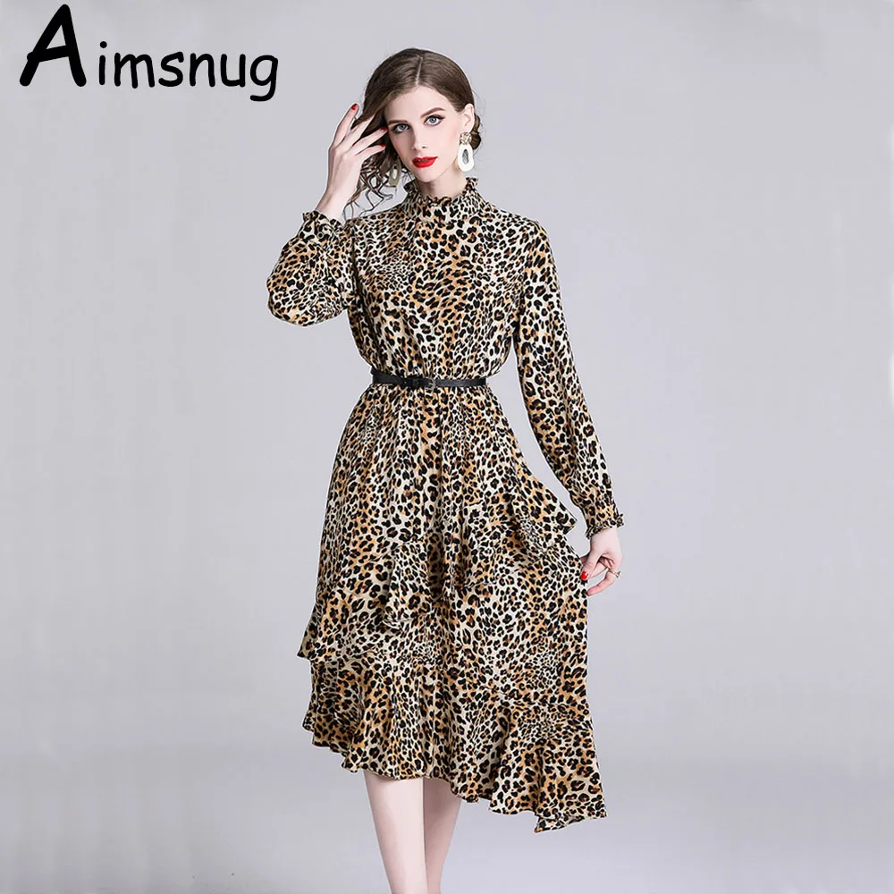 Temperament Elegant Noble Leopard Print Fashion dresses Women Long Sleeve Slim fit Clothes 2019 Newest Round Neck Clothing dress