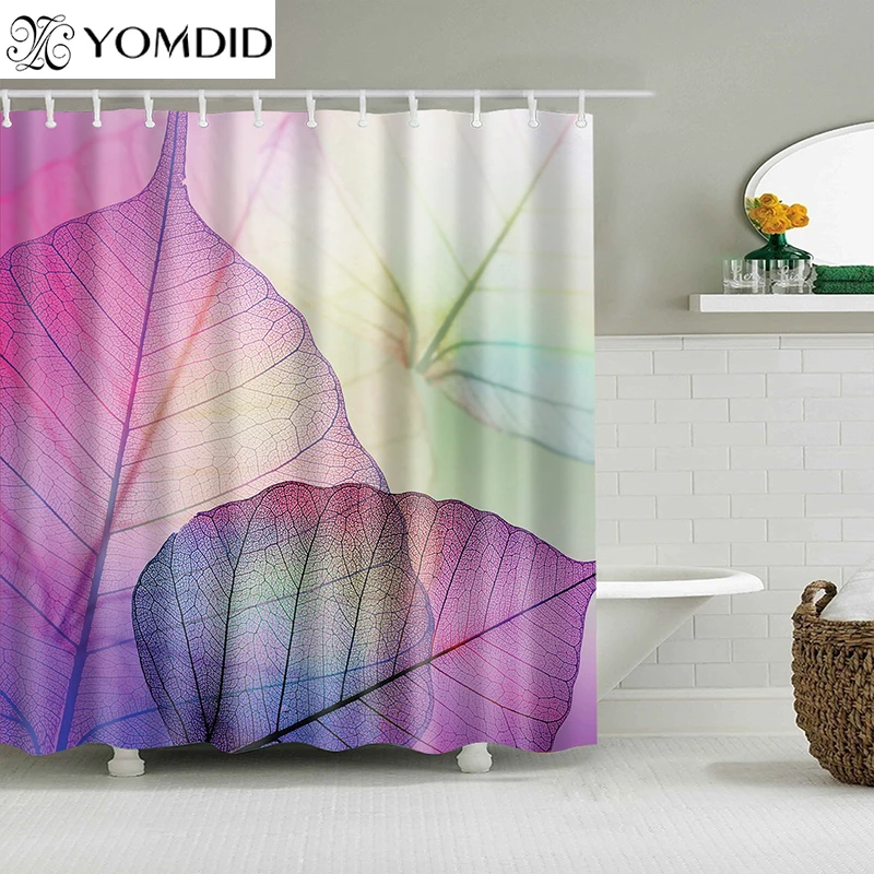 

Waterproof Shower Curtain Leaves Printed Bath Curtain Polyester Fabric Geometric Home Bath Decor Shower Curtains With 12 Hooks