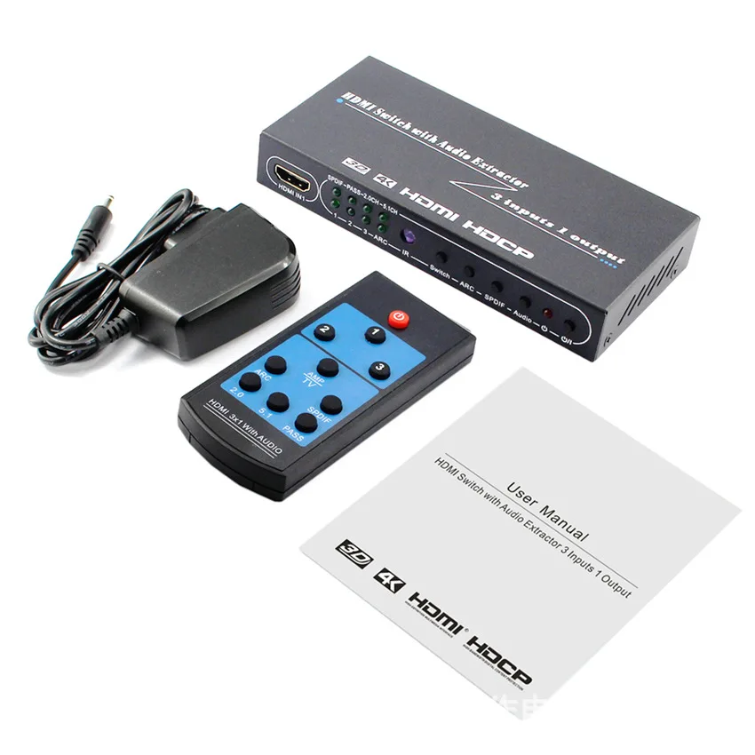 

3x1 HDMI Switch with Audio Extractor Optical Output 4K 3D 1080P LPCM 5.1CH SPDIF Stereo RCA 3 in 1 out Video Switcher + Adapter