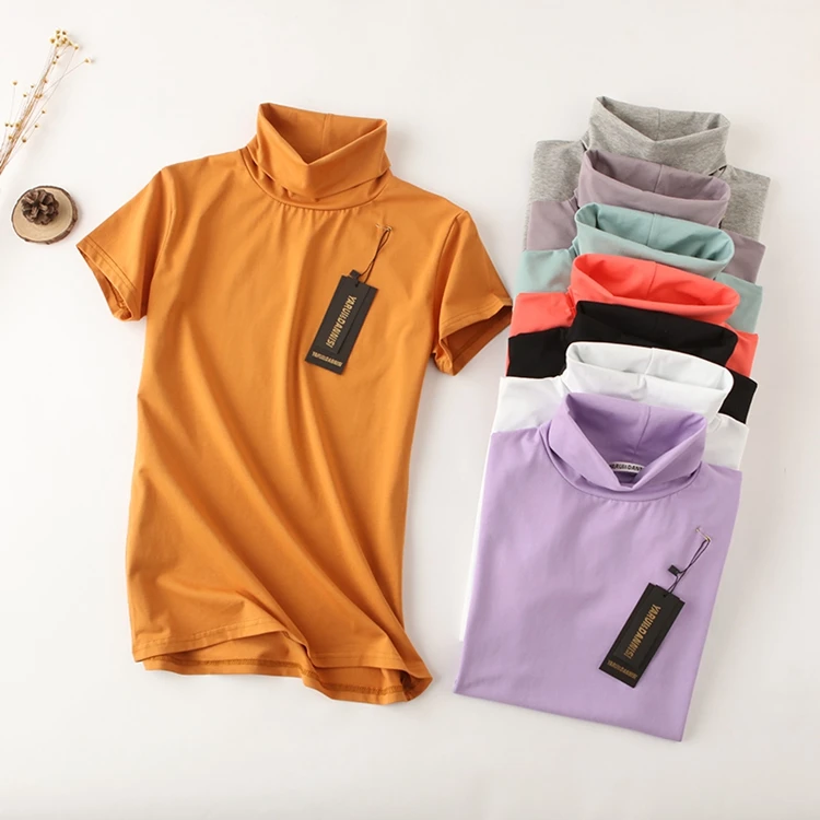 

New Fashion 2019 Summer Korean Style All-match Solid Turtleneck Short Sleeve Women T-shirt Female Shirt Fresh Color Women Tops