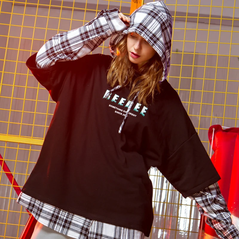 

Fashion Harajuku Style Plaid Splice Fake Two Piece Womens Hoodies 2019 New Arrival Spring Korean Sweatshirt Women Hoodie Top