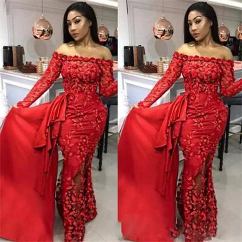Plus Size Prom Dresses Red Lace 3D Floral Appliques Off The Shoulder Long Sleeve Mermaid Evening Gowns With Detachable Train Formal Dress189
