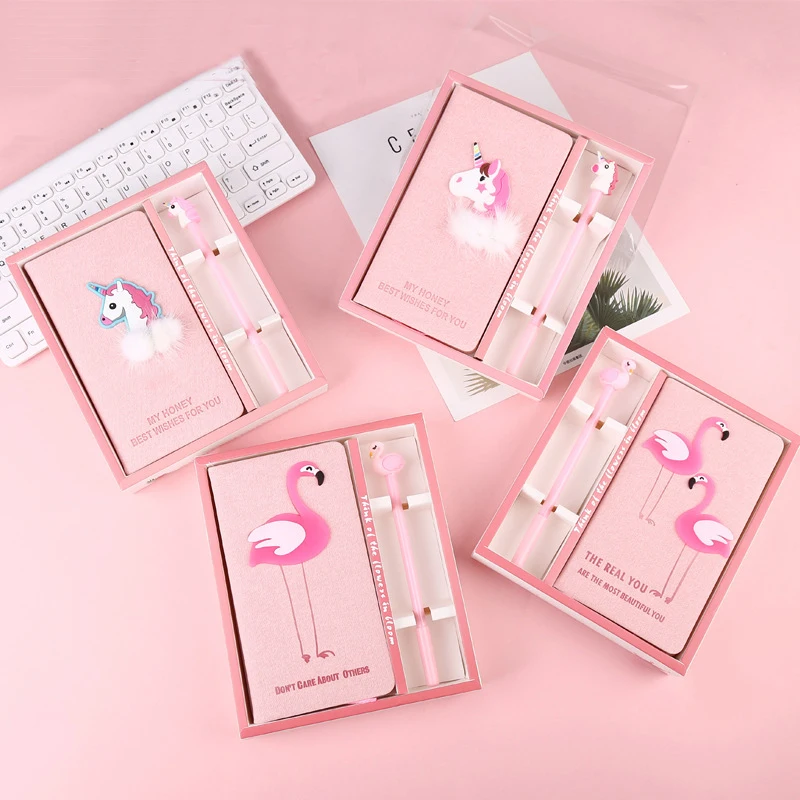 

New Arrival Cute Flamingo Unicorn Cactus Notebook gel pen set with box Weekly Planner School Office Supplies Kawaii Stationery