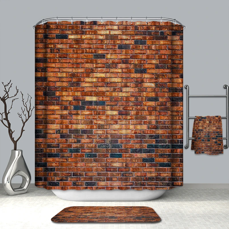

3D Red Brick Stone Wall Shower Curtains Leaves Pattern Waterproof Mildew Proof Thickened Bath Curtains for Bathroom