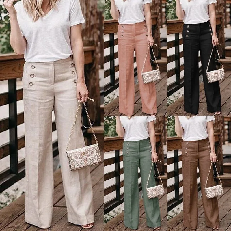 

Plus Size 3XL 2019 Summer Cotton Linen Women Wide Legs Pants Solid Casual High Waist Button Trousers Loose Pants