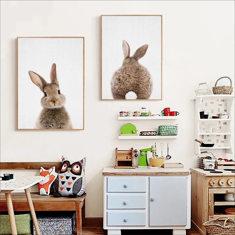 Bunny Rabbit Tail Canvas Painting Nursery Wall Art Animal Poster and Print Nordic Woodland Picture for Baby Kids Room Home Decor