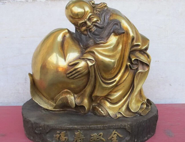 

xd 001855 13"Chinese Bronze Gild enjoy both happiness & longevity and peach on tree stump