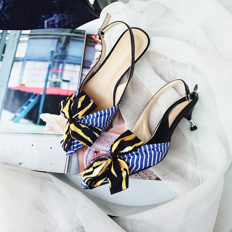 

Woman Pumps Chic Kitten Heels Slingback Woman Shoes Pointed Toe Butterfly Knot Cute Shoes Buckle Design Brand Wedding Party Shoe