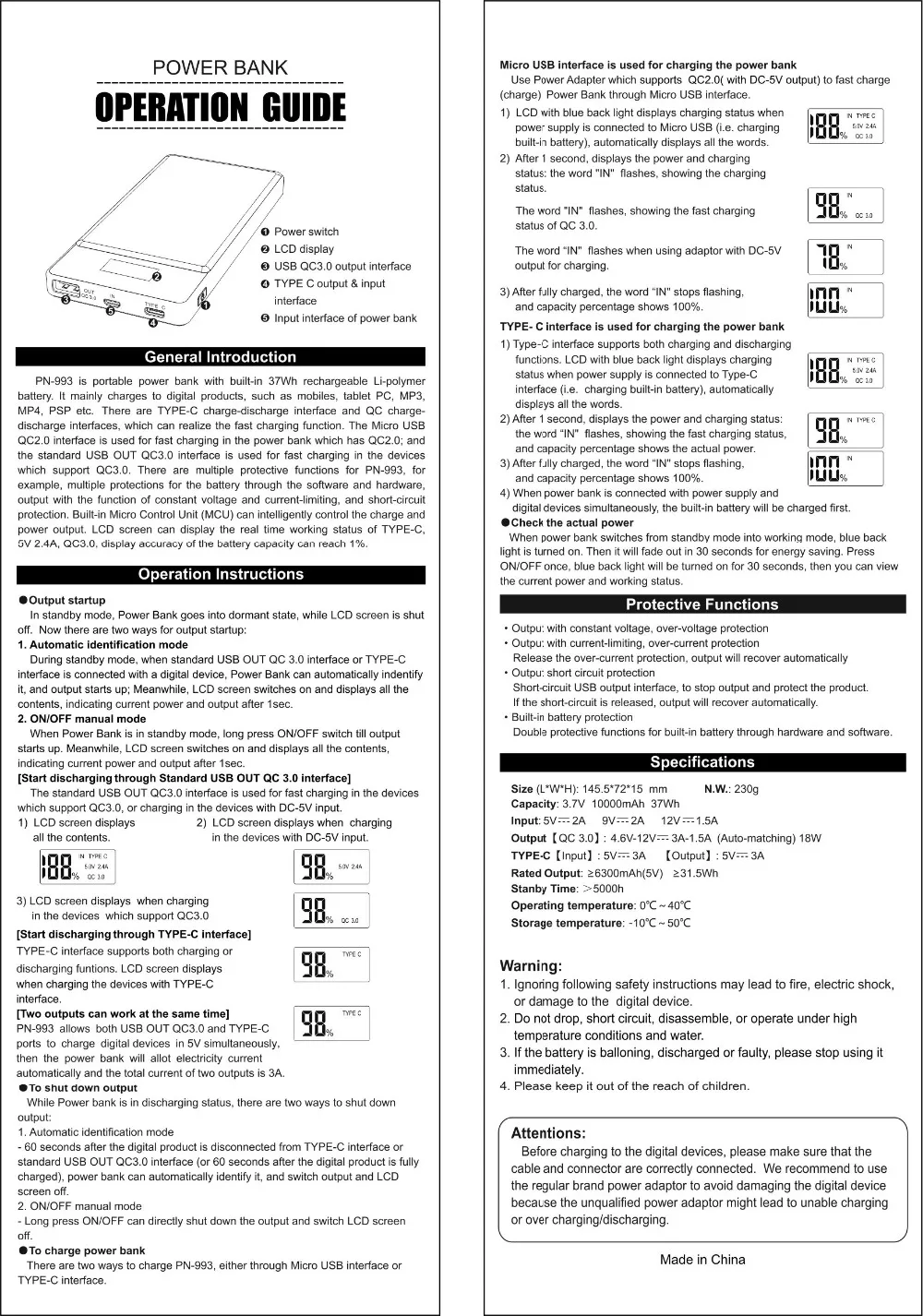 PINENG 10000 мАч двусторонней Быстрая зарядка Мощность банк PN 993 QC3.0 Портативный Батарея литий-полимерный аккумулятор Тип-C Порты и разъёмы для iPhoneX samsung iPhone8