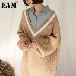 [EAM] 2019 новый весенний v-образный вырез контрастных цветов свободного кроя пуловеры с пышными рукавами Дикий Средний длинный свитер Женская