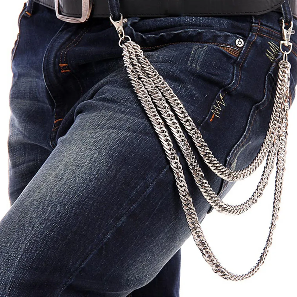 Men's Motorcyle Keychain Jean Biker Wallet Chains Silver Tone Three Layers Hinges Belt Rock Punk