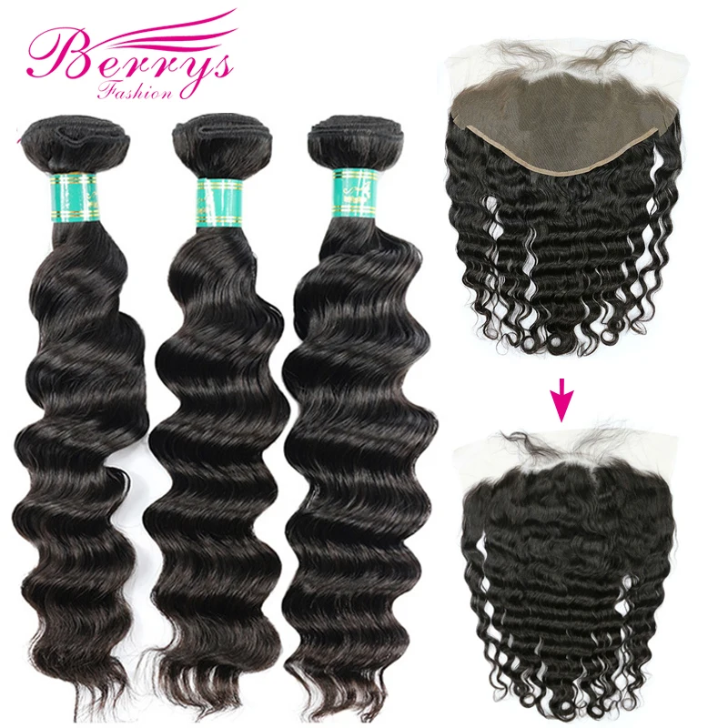 

BerrysFashion Peruvian Virgin Hair Loose Wave 3 Bundles with 13x6 Lace Frontal Closure 100% Unprocessed Human Hair Weave Bundles