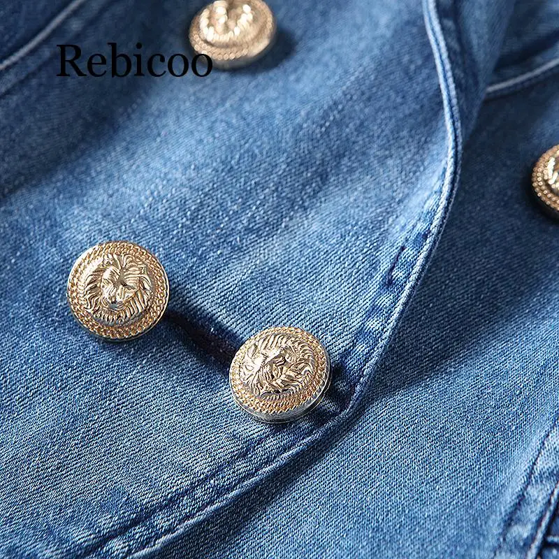 Rebicoo HIGH QUALITY New Fashion 2019 Designer Blazer Women's Metal Lion Buttons Double Breasted Denim Blazer Jacket Outer Coat