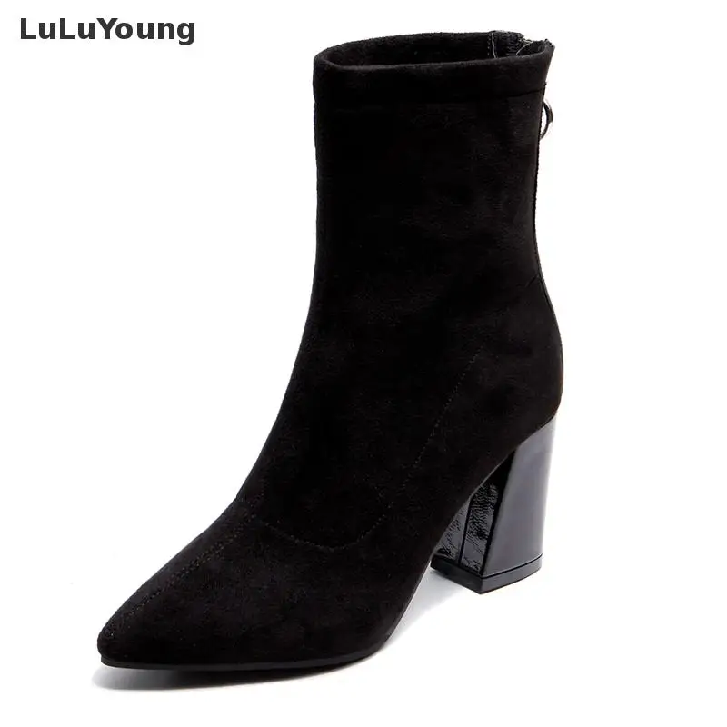 

High-heeled Pointy Boots Women Block Heel Ankle Booties