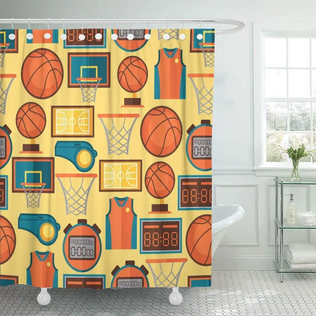 Shower Curtain With Hooks Basket Sports With Basketball In Flat