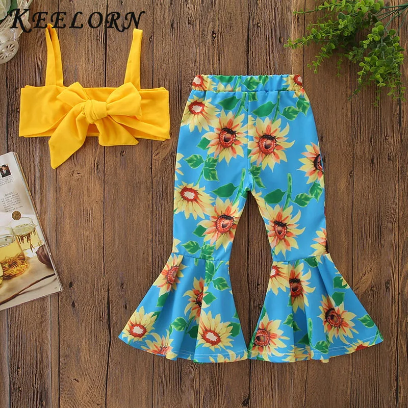 Keelorn/комплект одежды для девочек; Новинка года; летняя одежда для девочек; расклешенные брюки с бантом и подсолнухом на груди; комплекты детской одежды из 2 предметов