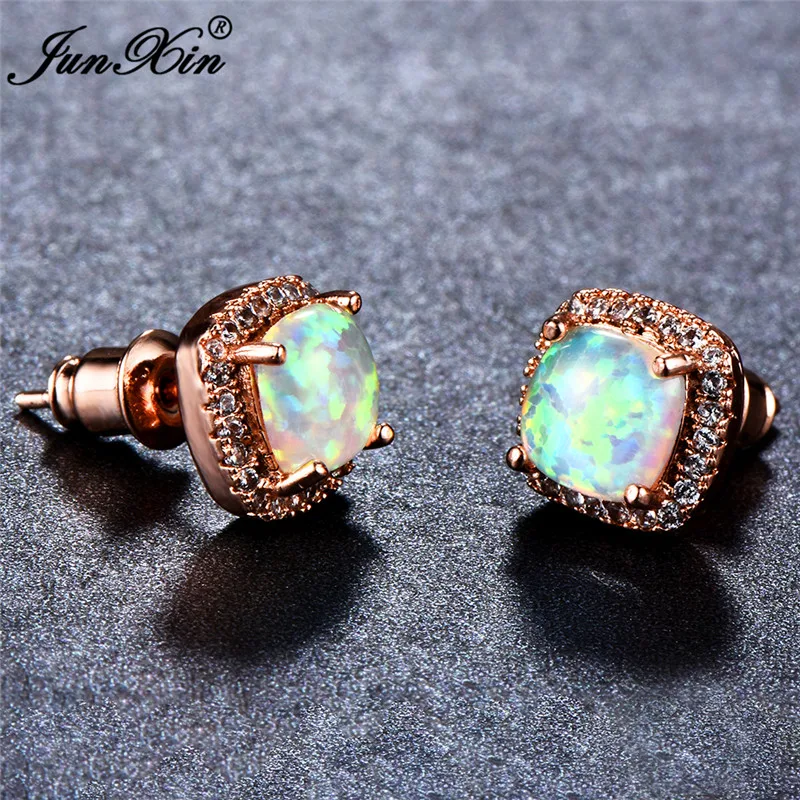 Boho Women Ladies White Fire Opal Earrings 18KT Rose Gold Filled Jewelry Vintage Double Zircon Wedding Stud Earrings