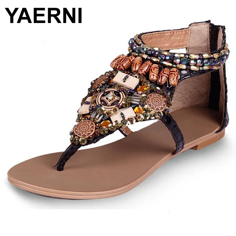 

YAERNI Women Plus Size Sandals Size 35-41 New 2015 Nation Bohemia Rivet Flats Sandal Fretwork Beading RomanE1145