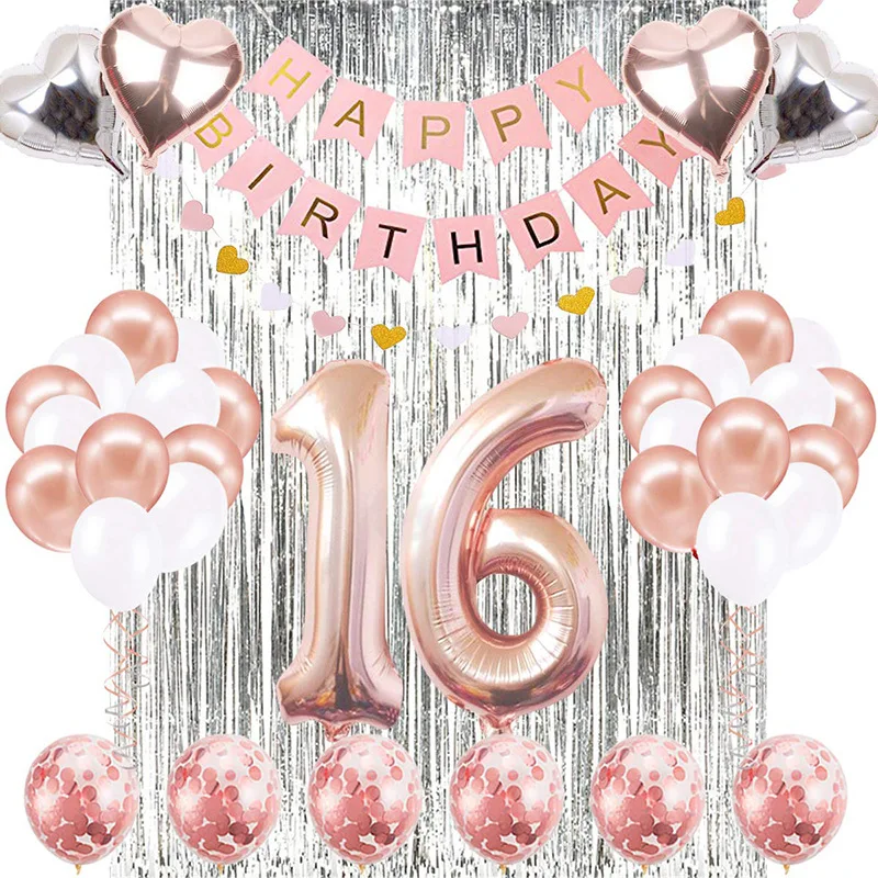 

35pcs Birthday Party Decoration Balloon Round Heart Number Shape Latex Aluminum Foil Balloon 16 Years Old Birthday Decoration