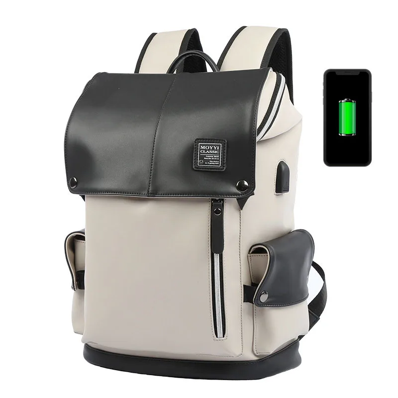  Man Backpack PU Leather USB Recharging Laptop School BaG Male Waterproof Travel Multi-color backpac - 32947822350