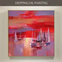 New Design Artist Hand-painted Special Landscape Boats Oil Painting on Canvas Abstract Sunset Red Sky Oil Painting for Bed Room