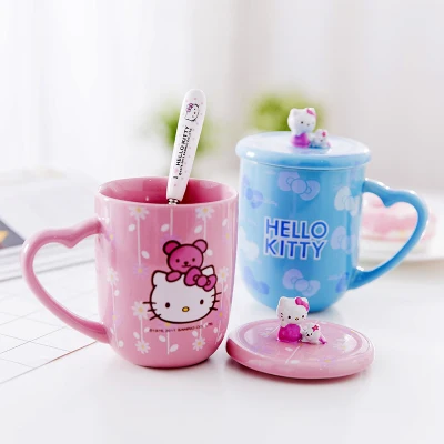 

Cute couple mug ceramic cup cartoon Hellokitty coffee milk mug water cup with lid spoon suit for boy friend or girl friend gifts