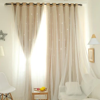 

4 Colors 2 Layers Shading Voile Curtain Panel Romantic Stars Hollow Home Decors