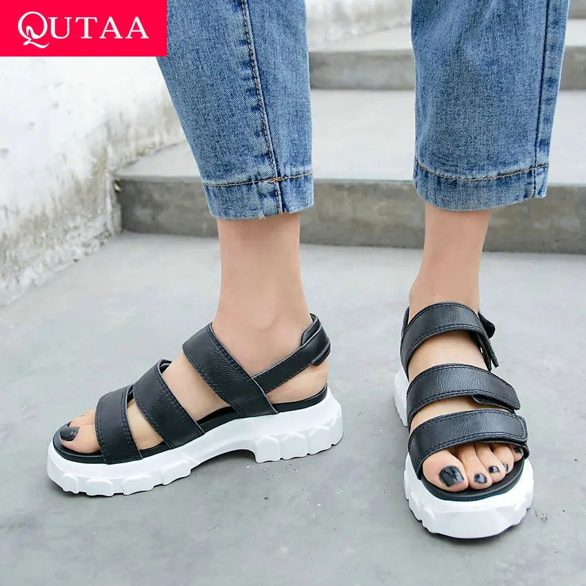 

QUTAA 2019 Women Sandals Sheepskin/Cow Leather Wedge Middle Heel Round Open-toed Hook&Loop Slingback Soft Bottom Shoes Size34-39