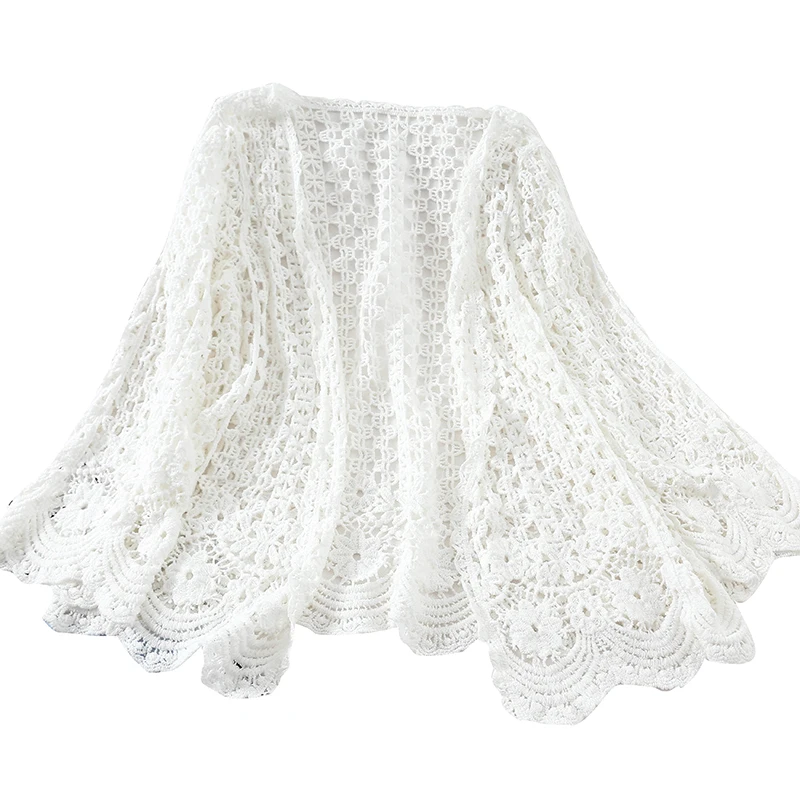 Open Lace Cardigan Crocheted Hollow Out Shrug Female Casual White Flower Floral Open Stitch Women Sweater Loose Knitted Outwear