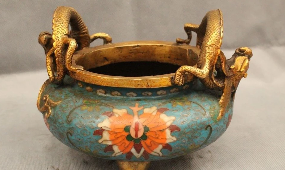 

6"Marked Chinese Cloisonne Purple Bronze Gild Dragon Incense Burner Censer