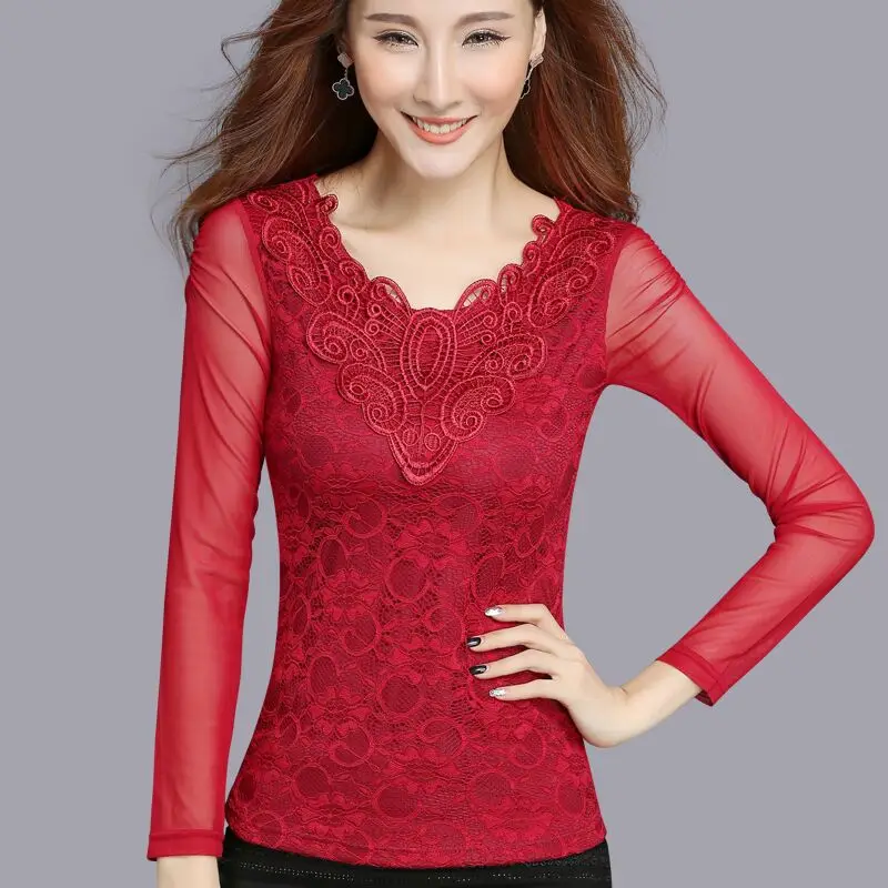 Autumn plus size women's V neck gauze lace long sleeve shirt female