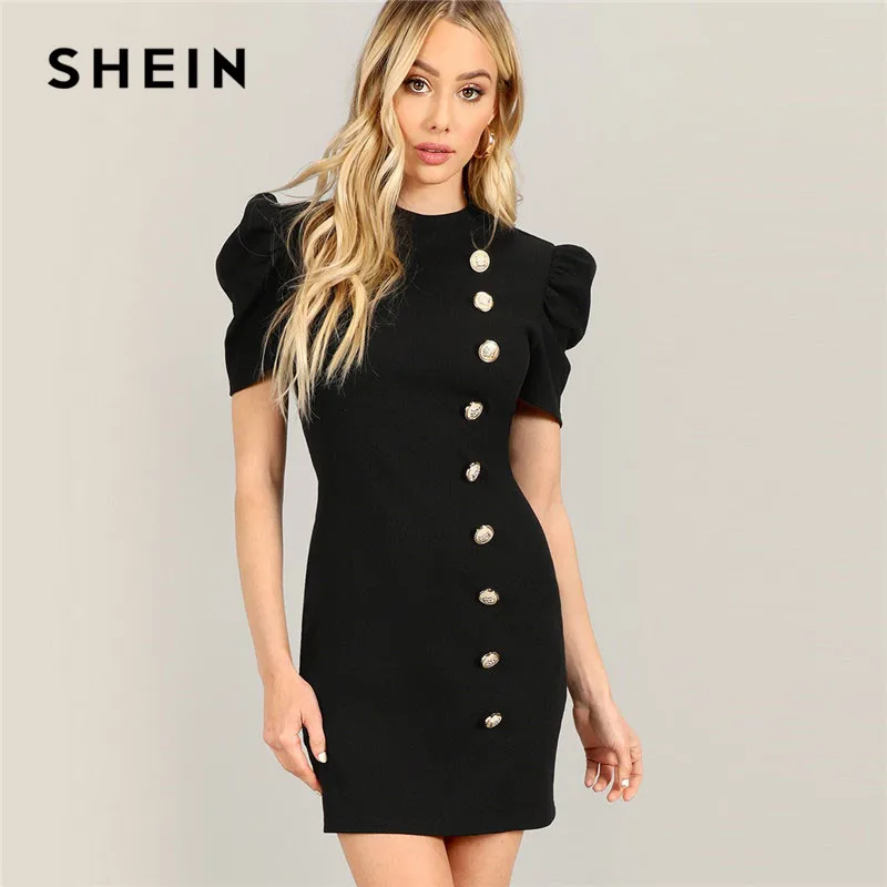 SHEIN Black Elegant Solid Stand Collar Gold Button Front Puff Sleeve