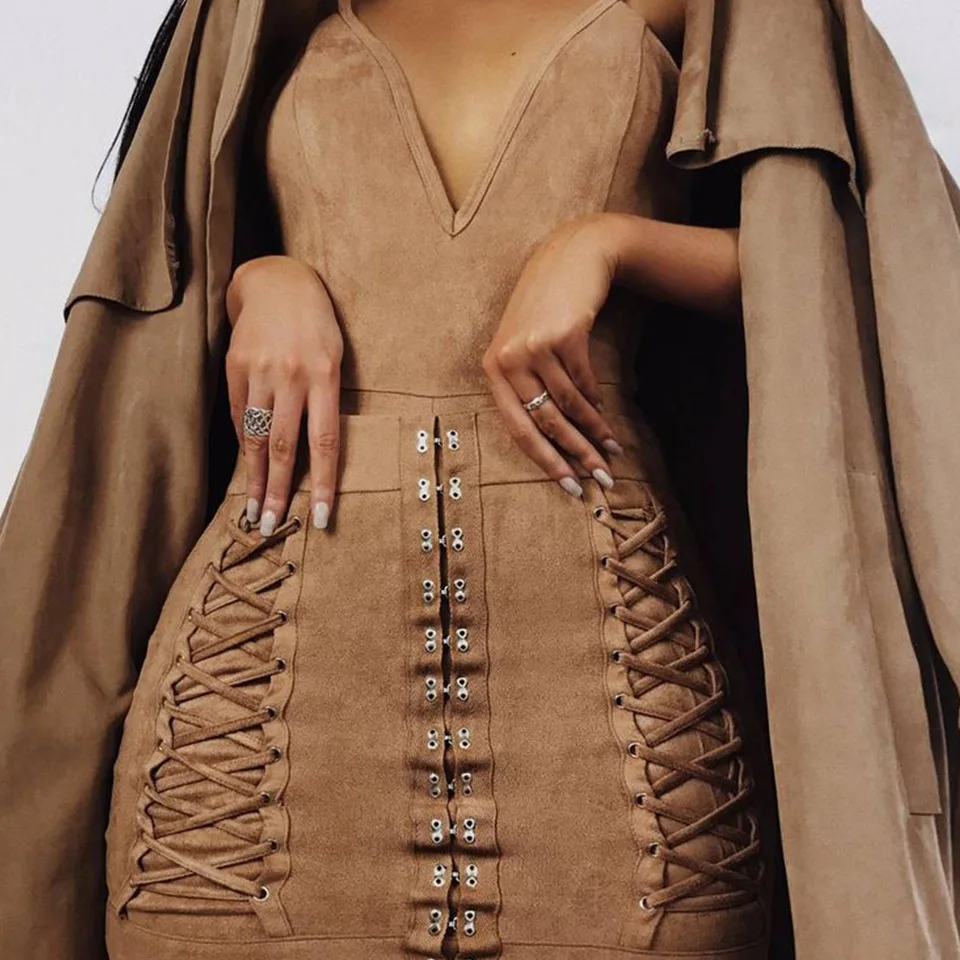 

Summer New Style Fashion Women Deep V Suede Dress Sexy Strapless Mini Dress Bandage Bodycon Sleeveless Dresses