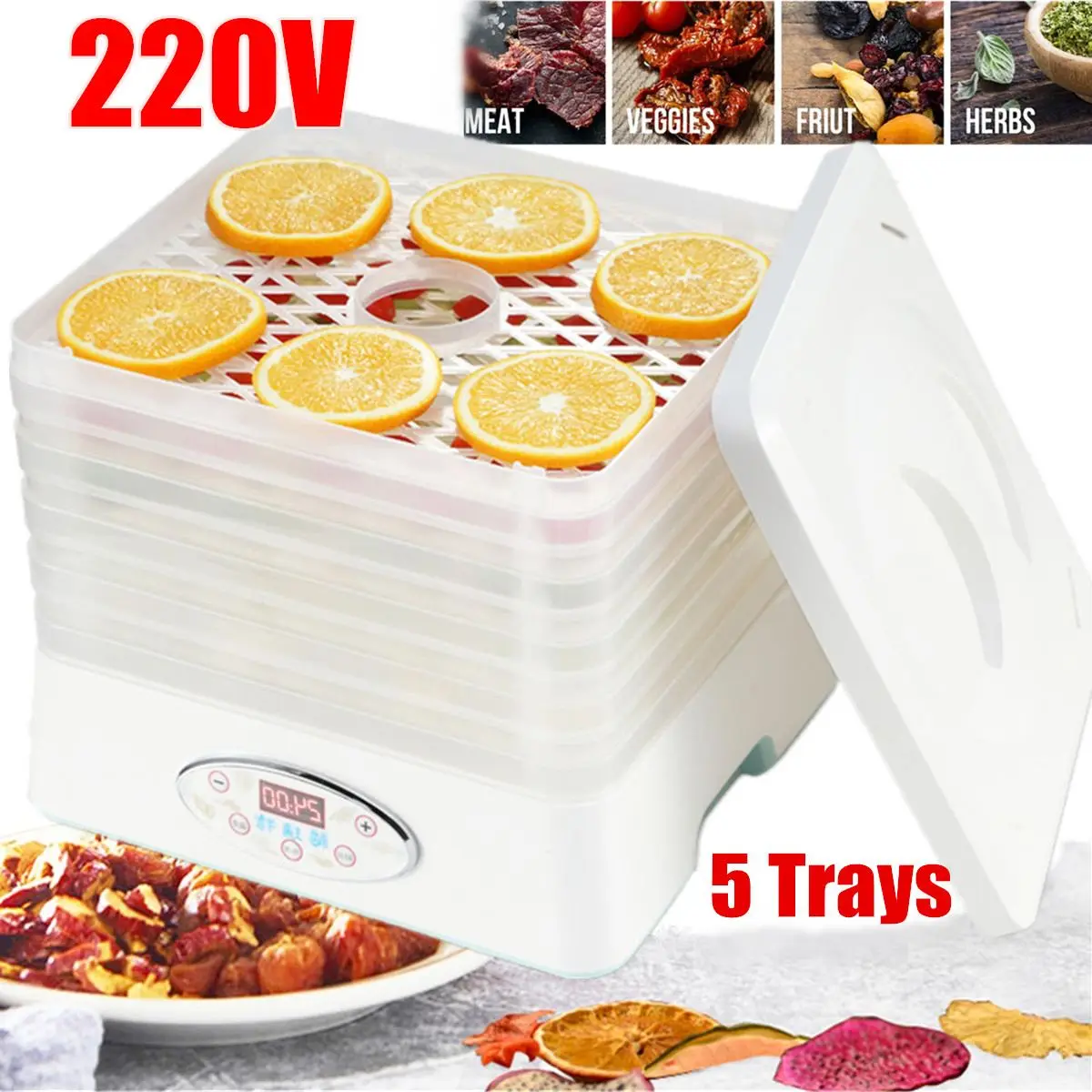 

Food Dehydrator Machine 220V 5 Trays Food Dryer Fruit Vegetable Herb Meat Drying Machine Pet Snacks Digital Control With Timer