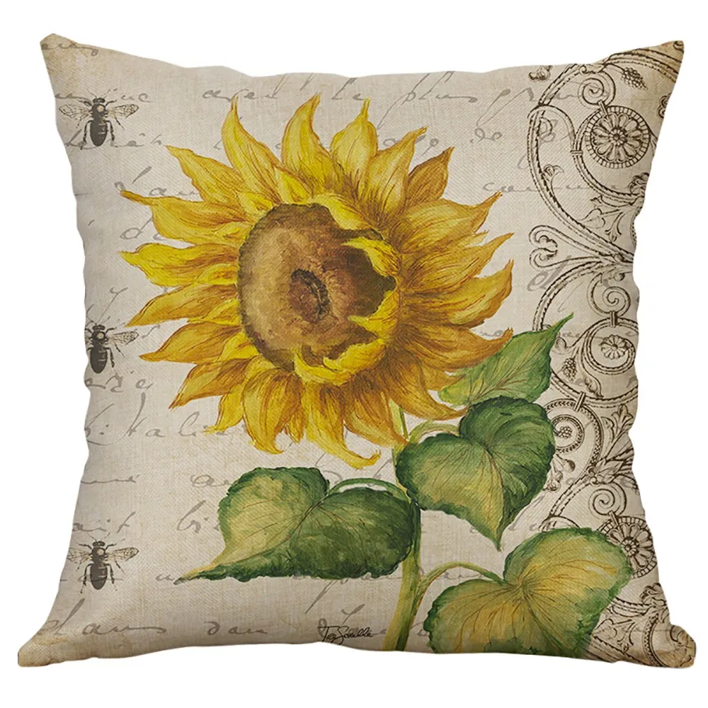 Linen Home Decorative Cushion Cover Pillow Case Sunflowers