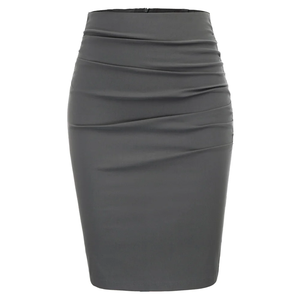 Модные женские Рабочие юбки, винтажная Однотонная юбка-карандаш с рюшами спереди, облегающая юбка-карандаш серого цвета - Цвет: Dark Gray