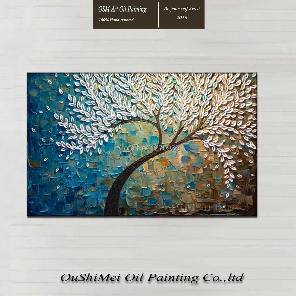 

Beautiful Modern Knife Painting White Blue Flower Petals on Canvas for Wall Decorations Hand Painted Rich Tree Oil Painting