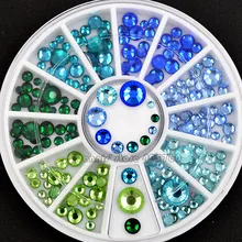 Разные размеры блестящие синие зеленые серии плоские с оборота Круглые граненые алмазные Стразы для дизайна ногтей, украшения для маникюра, самодельные колеса