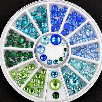 

Mix Sizes Glitter Blue Green Series Flatback Round Facets Diamond Nail Art Rhinestones Decorations Manicure DIY Wheel